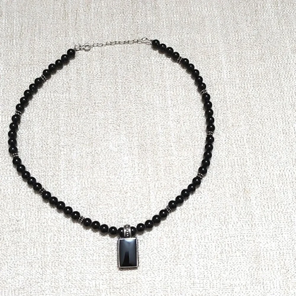 Black Bead and Silver Scroll Pendant Necklace 16